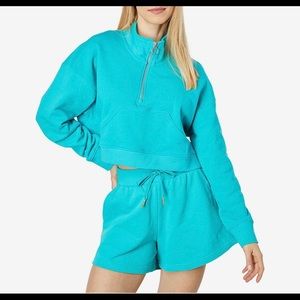 WeWoreWhat Terry Cropped pull over sweater and shorts set tile green
